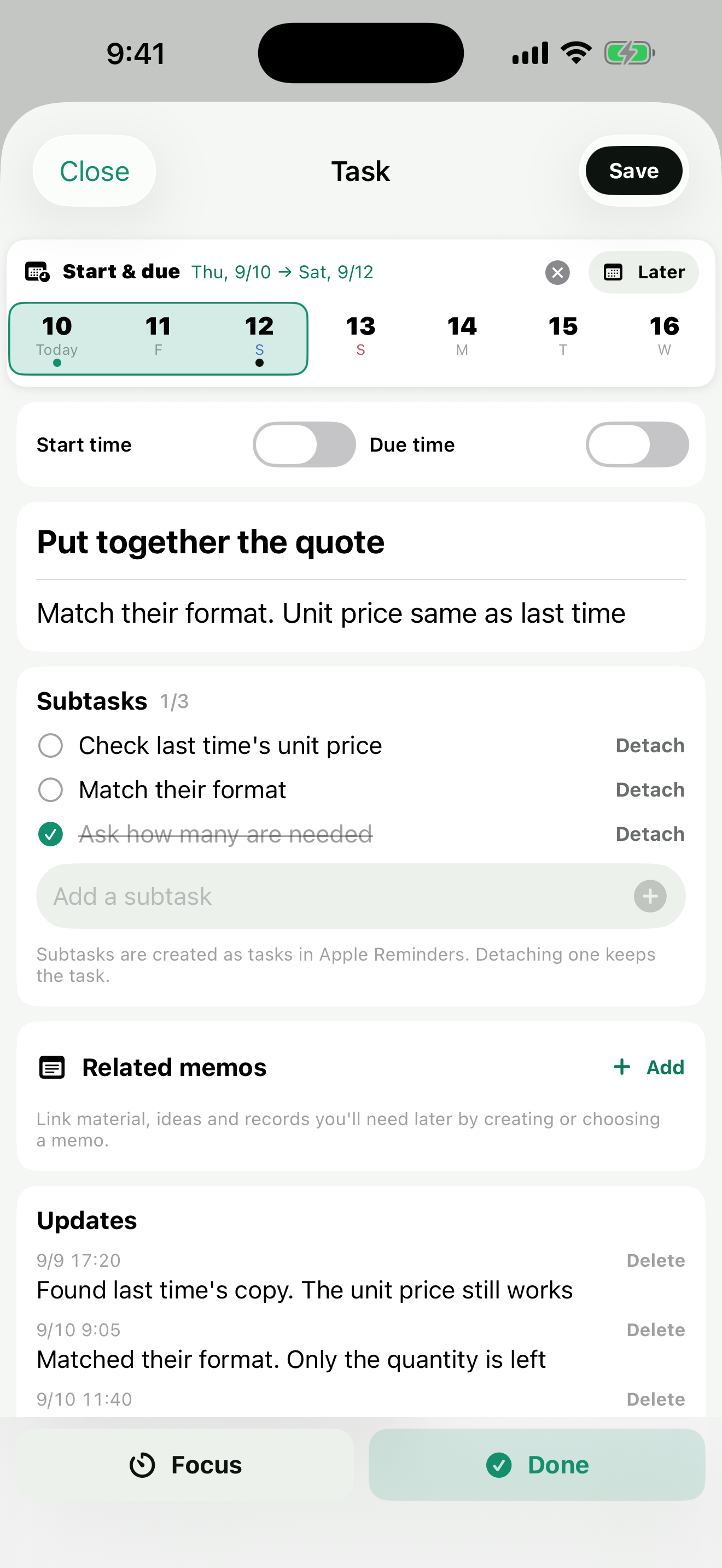 A task's detail screen: the start and due date strip, times, title and notes, subtasks, updates and attachments
