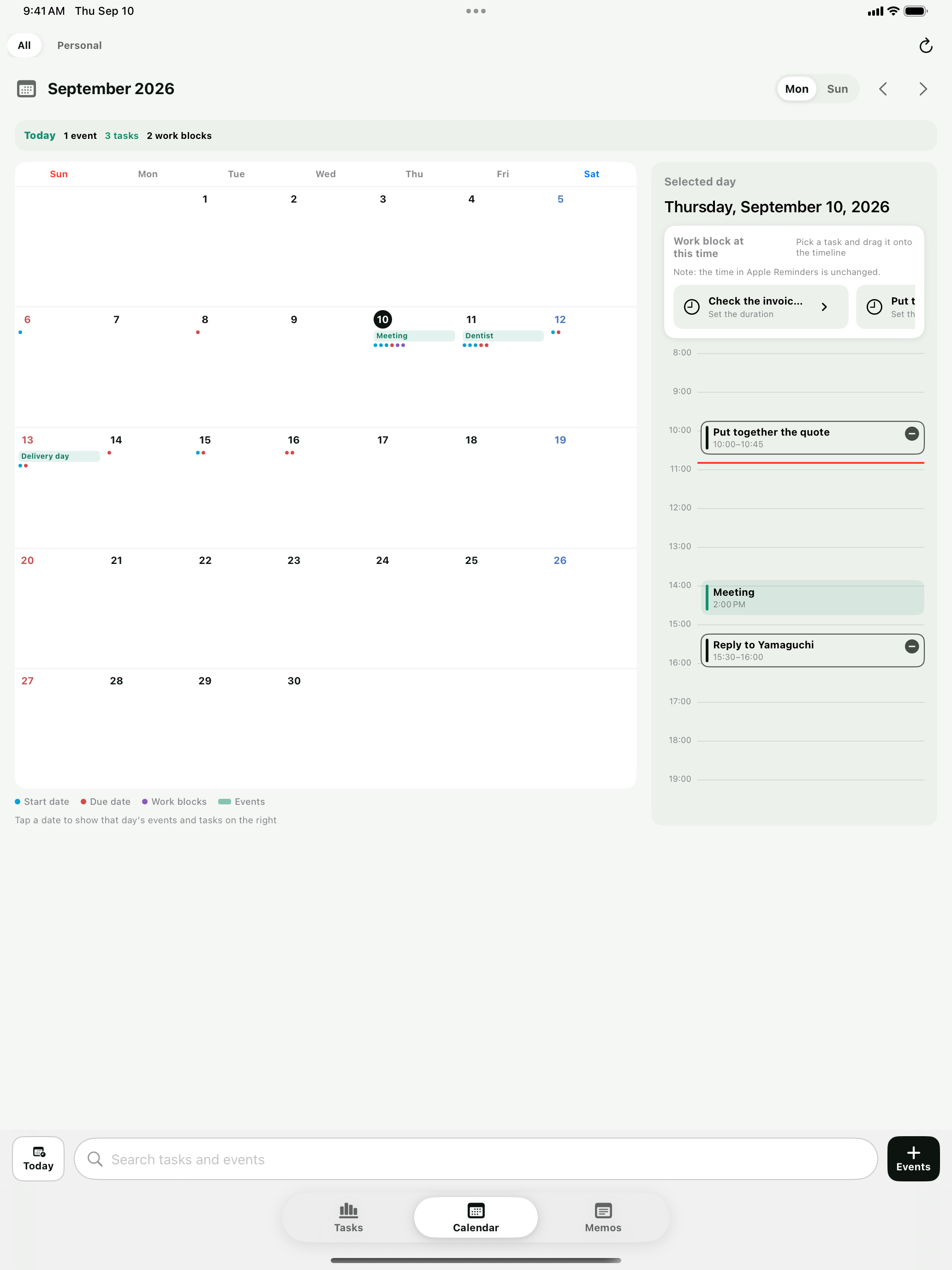 The iPad calendar with the month view and the selected day side by side