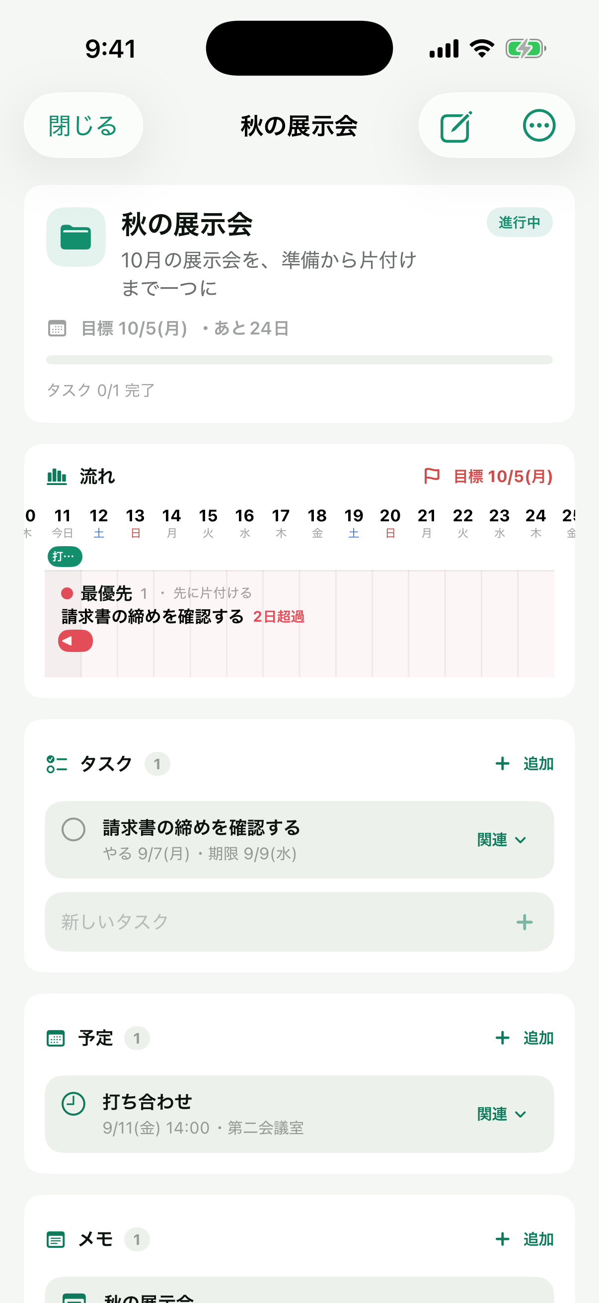 プロジェクトの画面。盤面と同じガントの「流れ」、目標日の旗、タスク・メモ・予定
